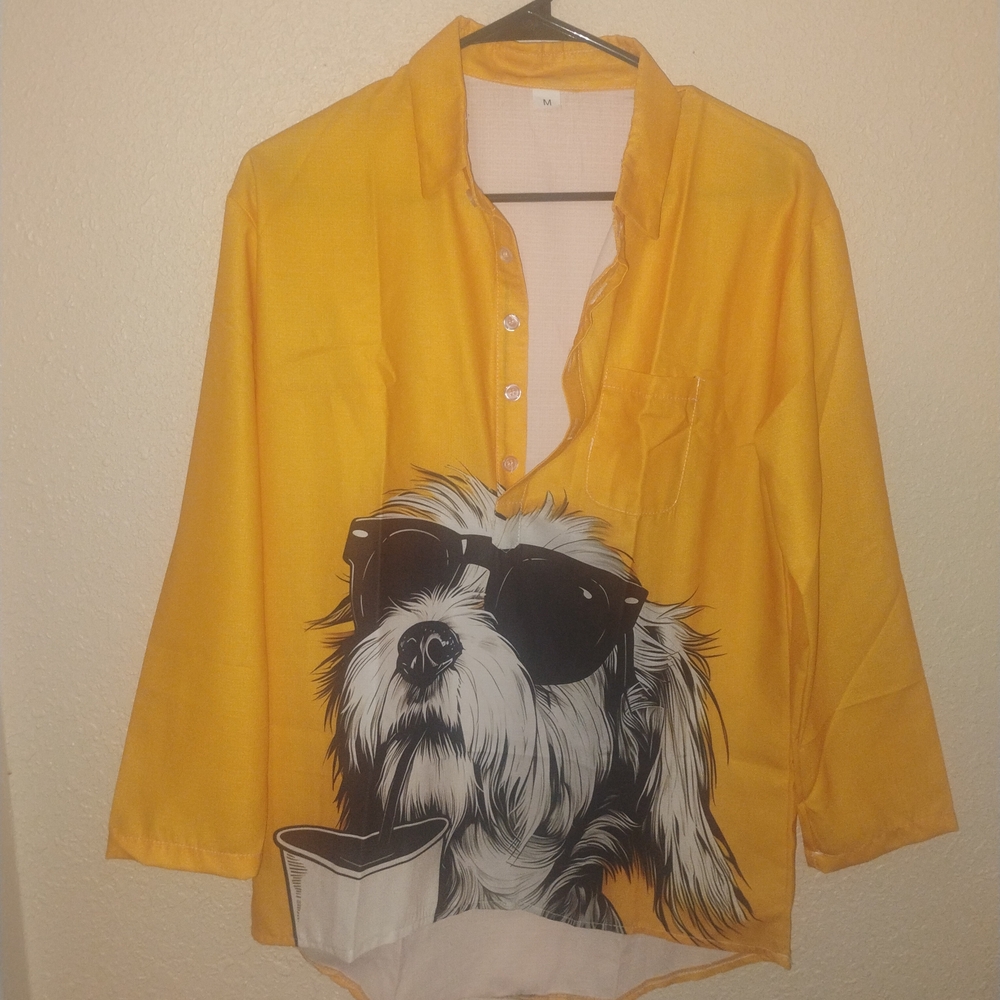 Yellow Shi Tzu Dog Drinking Coffee Print Button-Up Shirt Medium